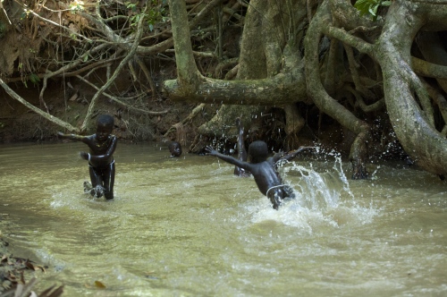 ART PRINTS SHOP - India. Andaman Islands. The Jarawa Chronicles. Children lpying in the jungle waters.