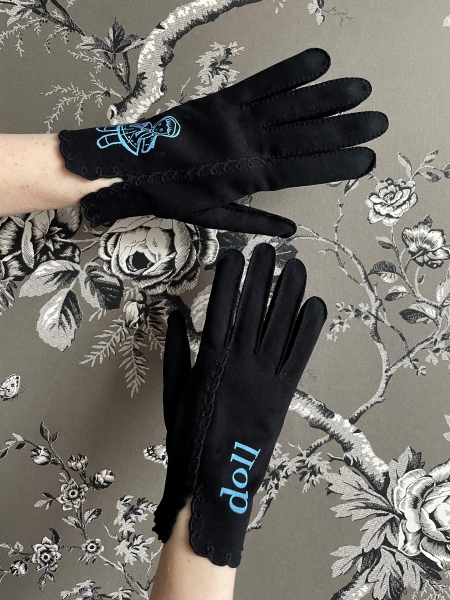 STORE - Vintage black fabric gloves silkscreened with a doll flashcard