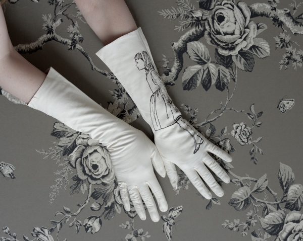 STORE - Vintage White Leather Gloves Silkscreened With A Photograph of a 1920's Woman
