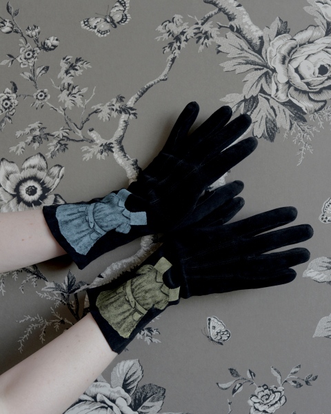 STORE - Vintage Black Velvet Gloves Silkscreened with Vintage Paper Doll Dresses