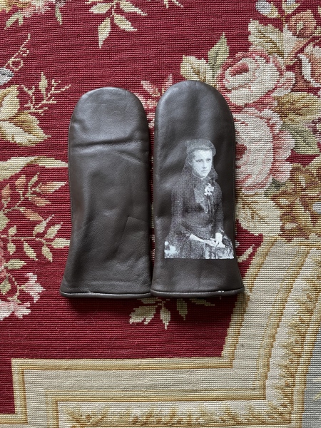 STORE - Brown Leather mittens silkscreened with a Victorian Girl in white