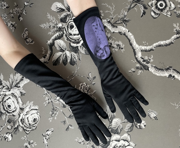 STORE - Vintage black opera gloves silkscreened with Alice in Wonderland