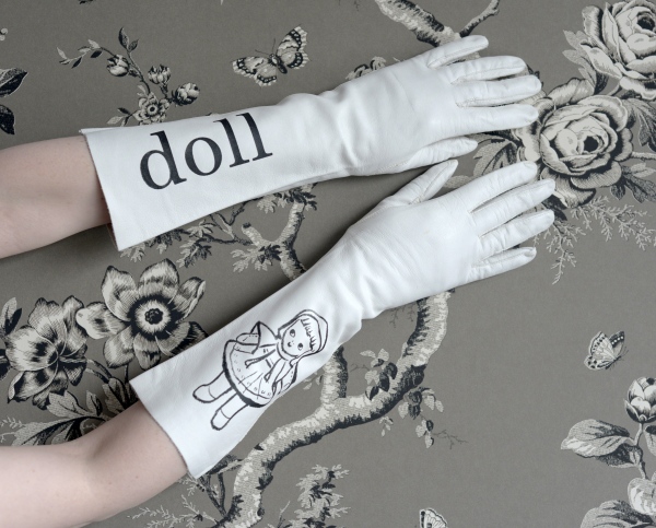 STORE - Vintage White Leather Gloves Silkscreened with a Vintage Doll Flashcard