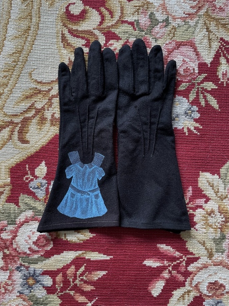 STORE - Vintage black fabric gloves with a silkscreened blue paper doll dress