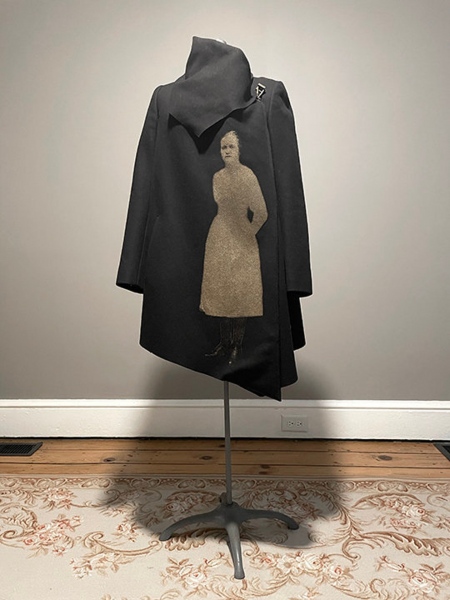 STORE - Hand Silkscreened All Saints Black Wool Winter Coat with a Large Victorian Woman in Gold