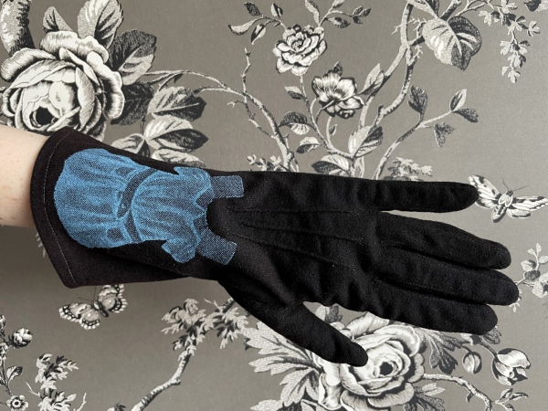 STORE - Vintage black fabric gloves with a silkscreened blue paper doll dress
