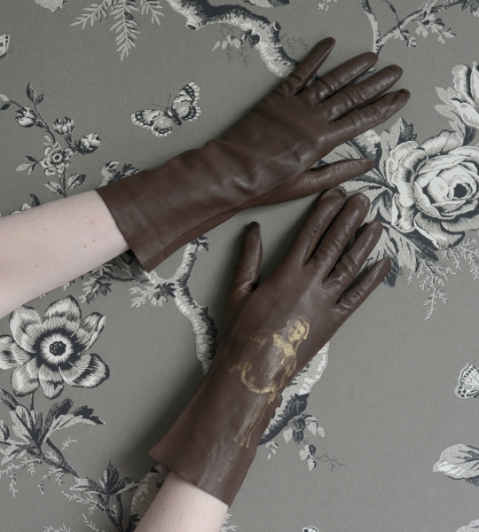 STORE - Vintage Brown Leather Gloves Silkscreened with a Victorian Girl