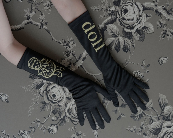 STORE - Vintage Black Fabric Gloves Silkscreened with 1940's Doll Flashcard