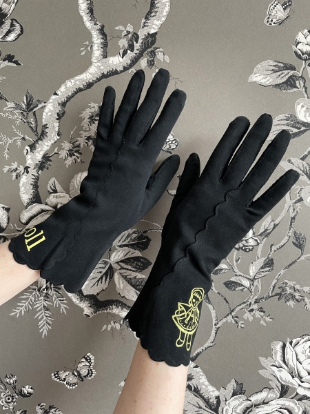 STORE - Black vintage gloves silkscreened with a yellow doll flashcard