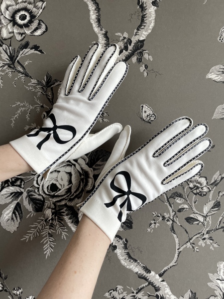 STORE - Vintage off white gloves with black stitching details silkscreened with black bows