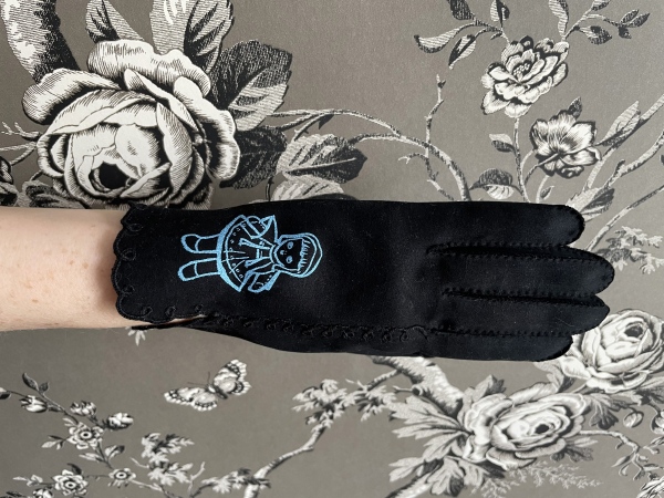 STORE - Vintage black fabric gloves silkscreened with a doll flashcard