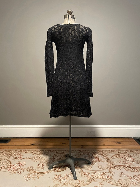 STORE - Vintage 1980's black lace gothic a line dress hand silkscreened with silver bow