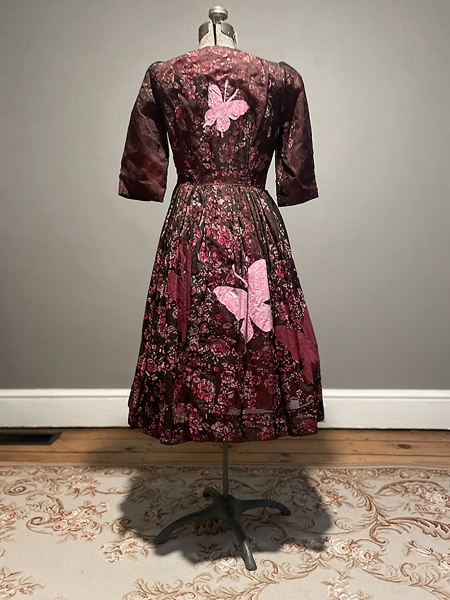 STORE - Vintage flocked velvet Burgundy floral dress hand silkscreened with butterflies