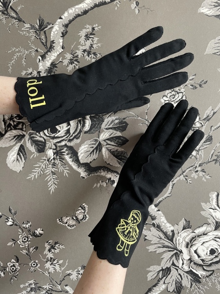 STORE - Black vintage gloves silkscreened with a yellow doll flashcard