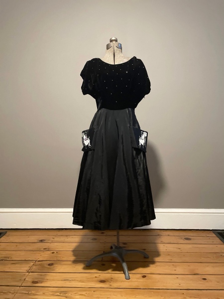 STORE - Vintage 1950's Rhinestone Velvet Circle Dress Silkscreened with Vintage Photograph of a Girl with her Doll