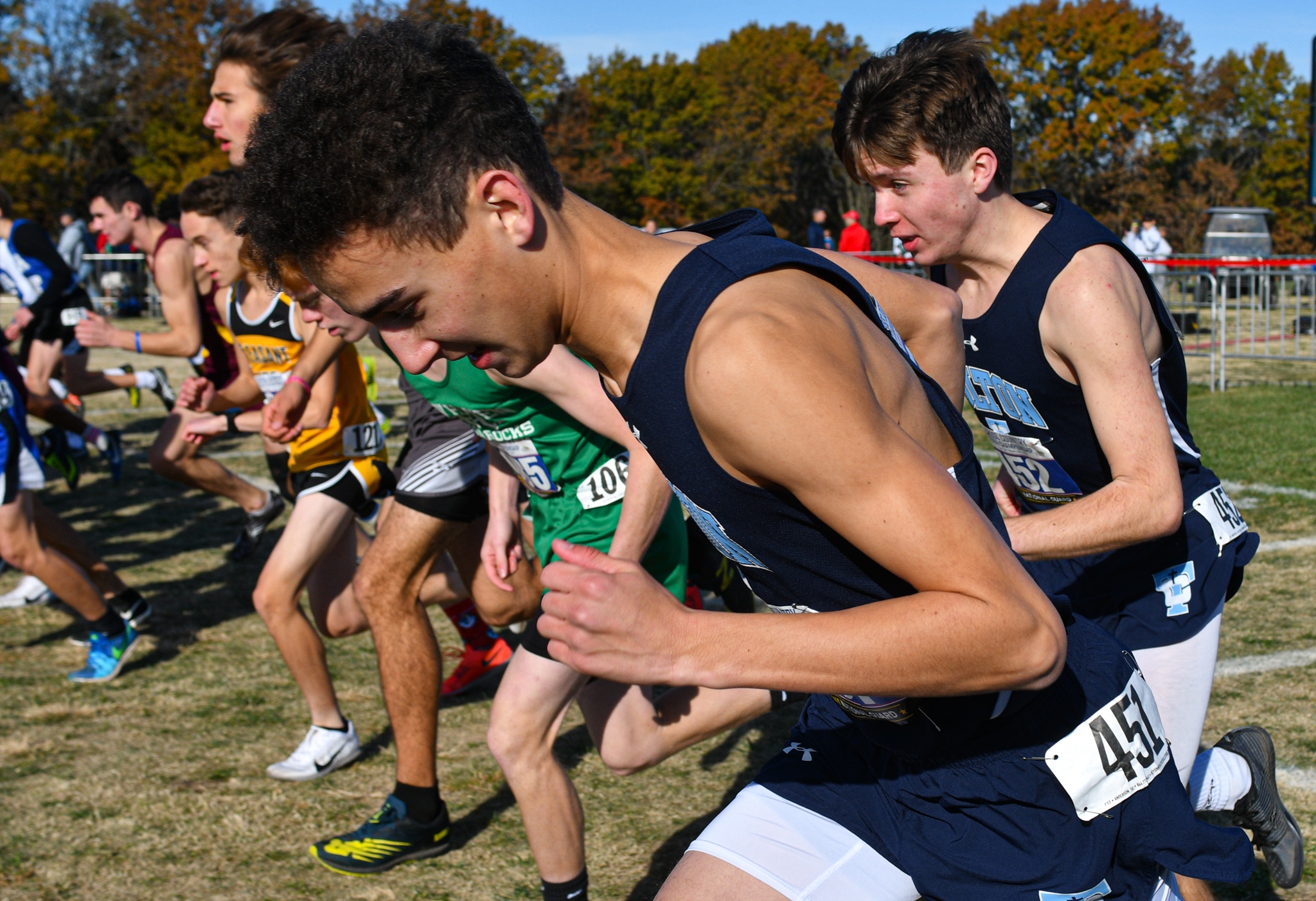 Stills - Tolton cross country runners Drew Freeman and Silas Glaude take off at the start of the cross country championship race.